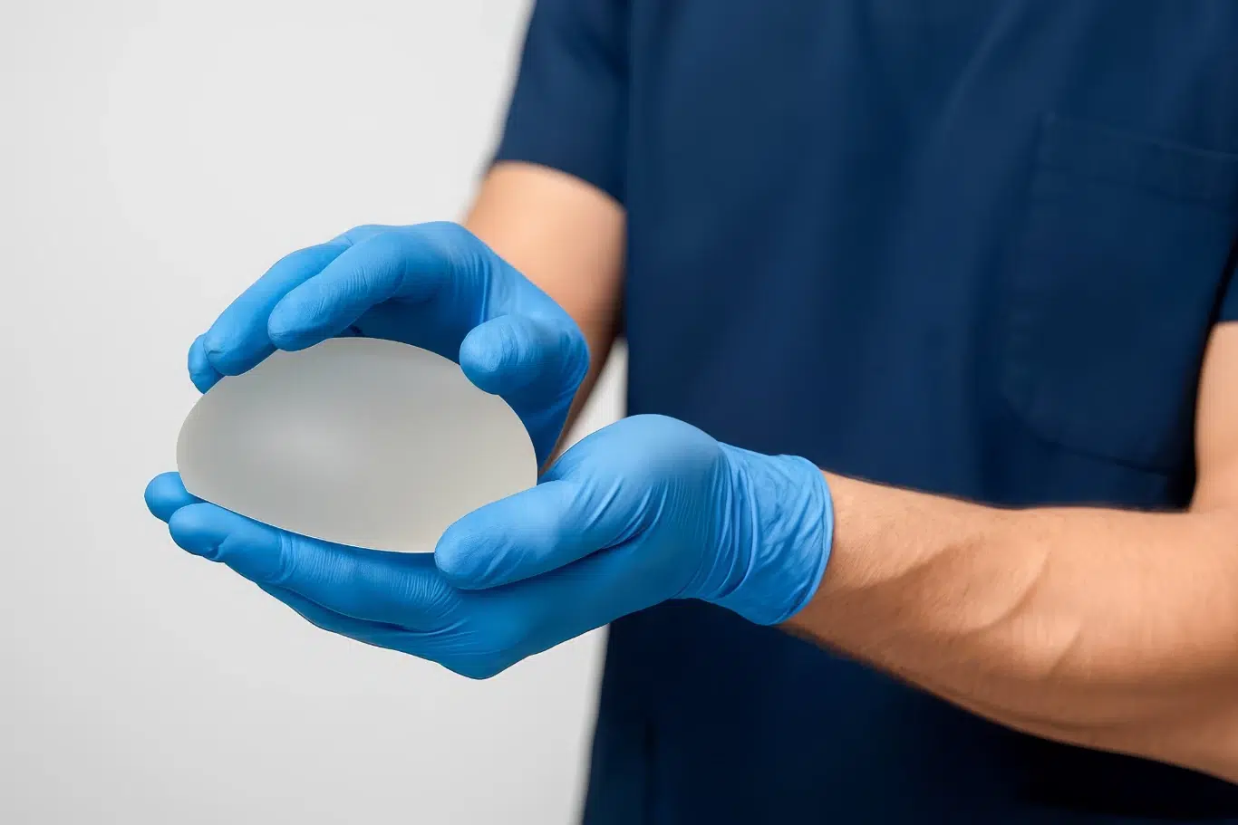 A close up of a surgeon or medical professional in dark blue scrubs and blue nitrile gloves